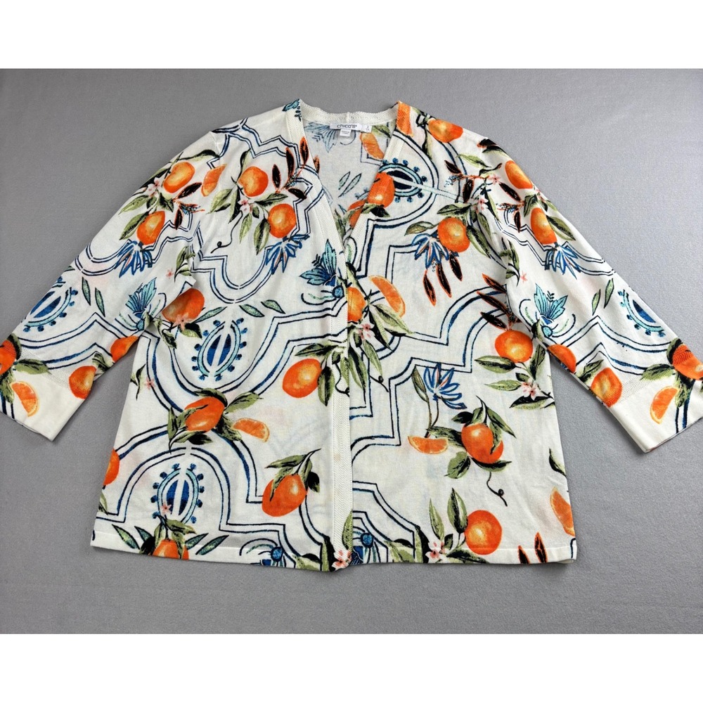 Chico's Orange Citrus Tile Print Cardigan Sweater White Blue Size 2 Large